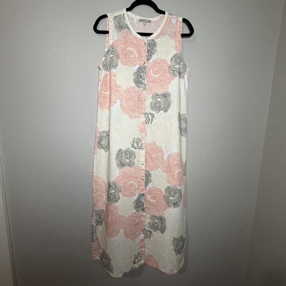 Joan Vass Sleeveless Dress Size Medium 100% Linen Floral Maxi Beach Casual